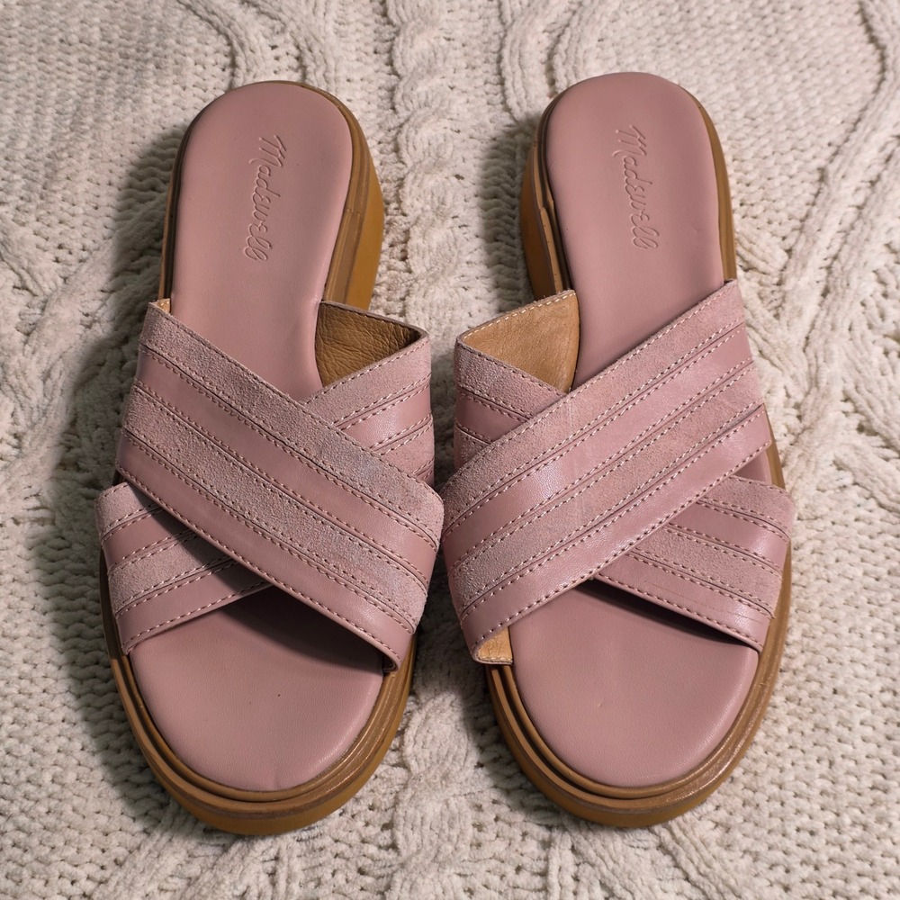 Madewell Alina Platform Cross-Strap Slide Sandal Pink Leather Womens 9 Excellent